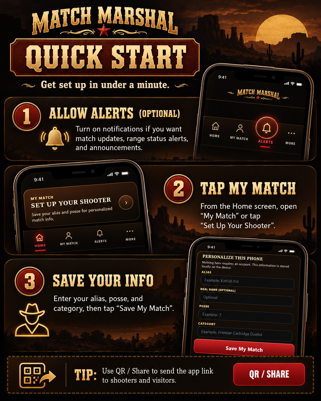 Match Marshal quick start picture guide with three steps: allow alerts, tap My Match, and save your info